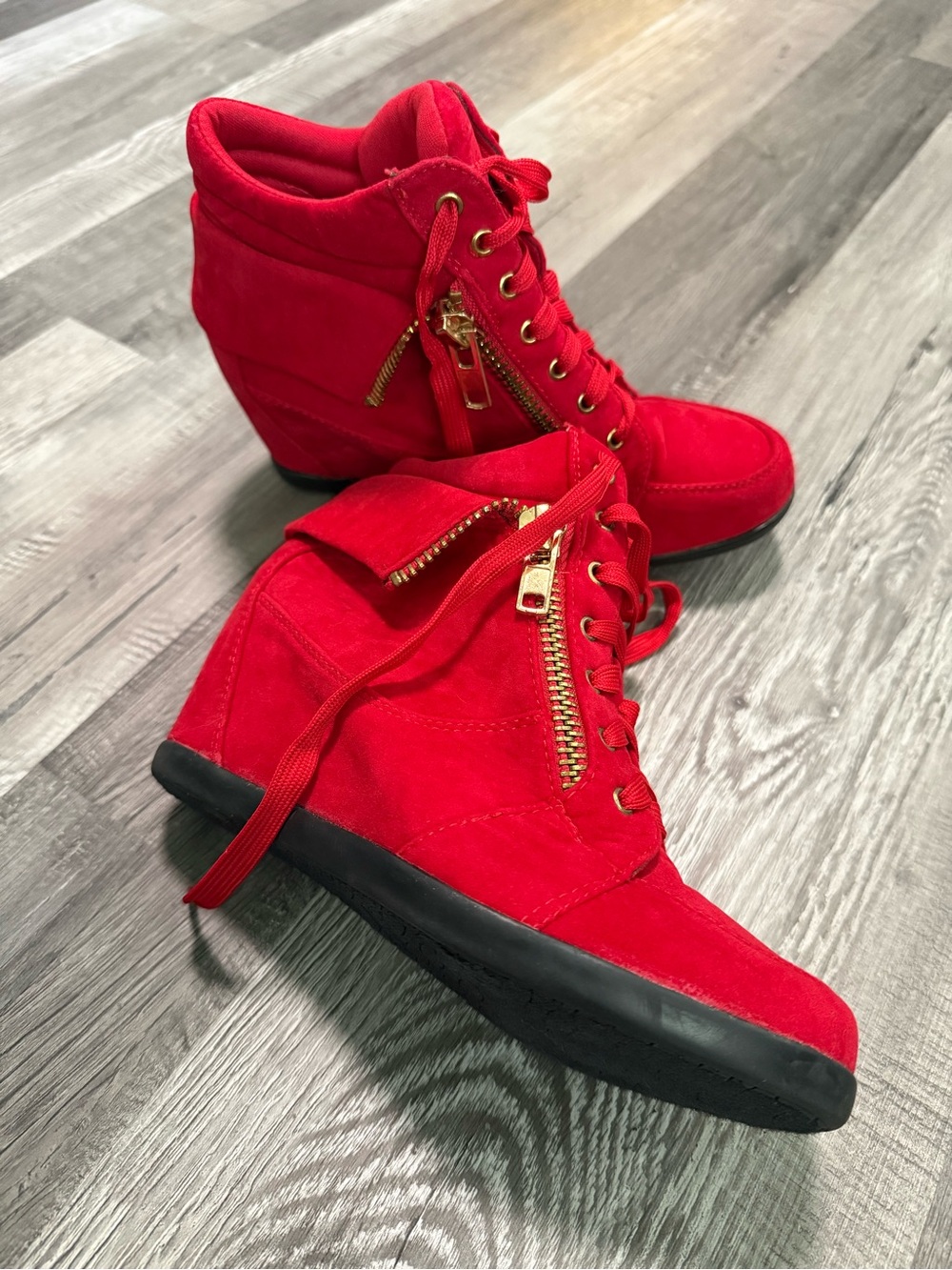 Red Wedge Sneaker Boots with Gold Zipper - Picture 10 of 10